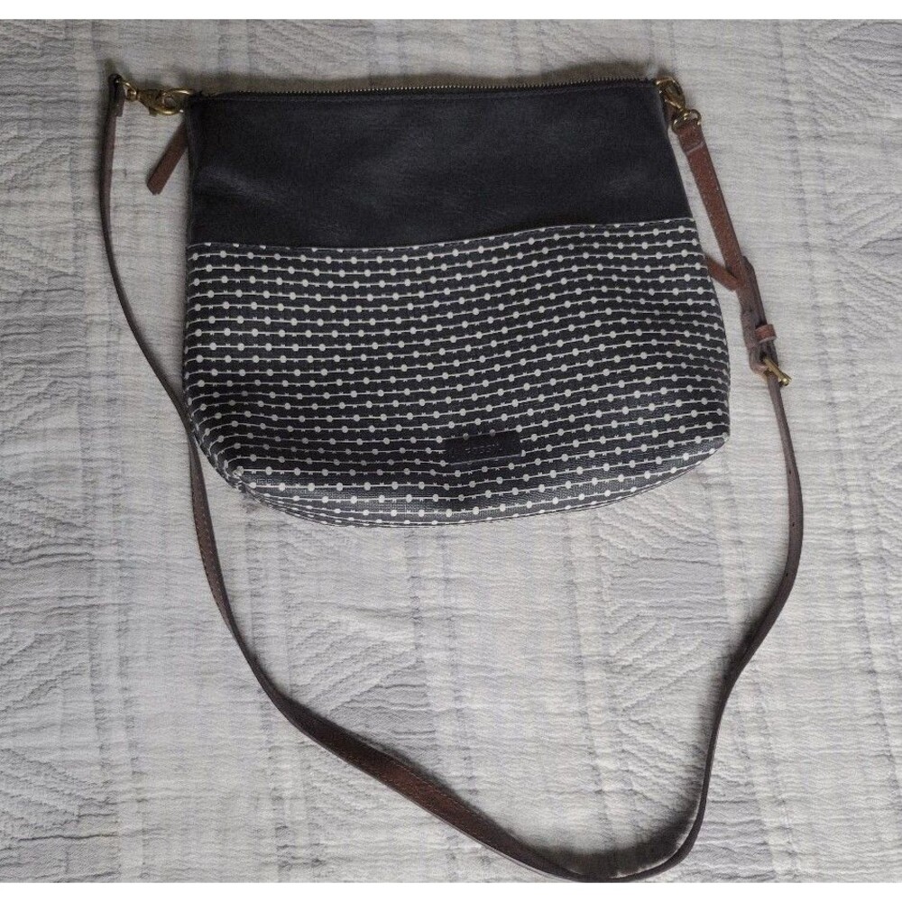 Fossil Fiona Crossbody‎ Bag – Black/White Pattern & Leather Trim